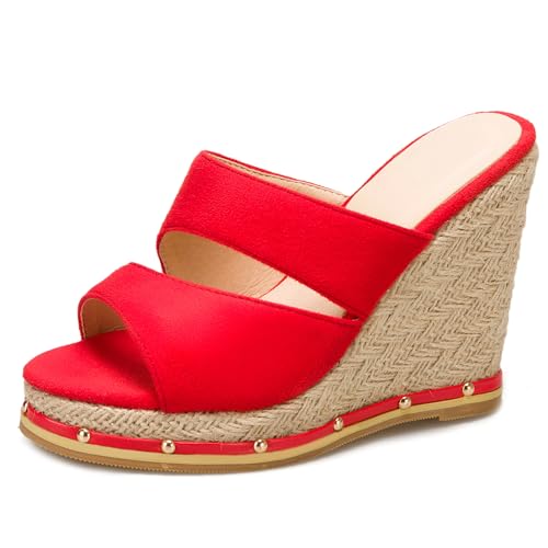 Renessmi Klassische Peep Toe Keilabsatz Ohne Verschluss Damen Pantoffeln Espadrille Slingback Plateau Strappy Draußen Mules Footwear Rot Gr 48 EU-50 Cn von Renessmi