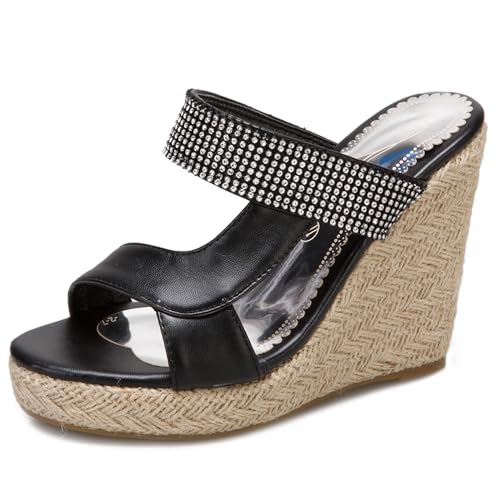 Renessmi Klassische Peep Toe Keilabsatz Ohne Verschluss Damen Pantoffeln Espadrille Slingback Plateau Strappy Draußen Mules Footwear Schwarz Gr 40 EU-41 Cn von Renessmi