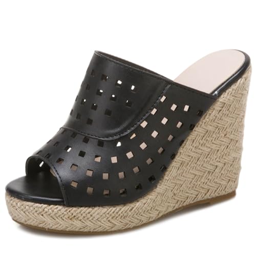 Renessmi Klassische Peep Toe Keilabsatz Ohne Verschluss Damen Pantoffeln Espadrille Slingback Plateau Strappy Draußen Mules Footwear Schwarz Gr 42 EU-44 Cn von Renessmi