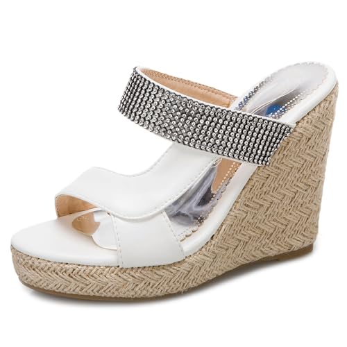 Renessmi Klassische Peep Toe Keilabsatz Ohne Verschluss Damen Pantoffeln Espadrille Slingback Plateau Strappy Draußen Mules Footwear Weiß Gr 41 EU-43 Cn von Renessmi