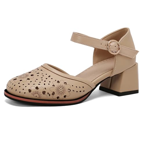 Renessmi Klassische Runde Zehen Knöchelriemchen Mitte Blockabsatz Damensandalen Plateau Komfort Girl Sommer Kleid Pumps Footwear Aprikose Gr 39 EU-40 Cn von Renessmi