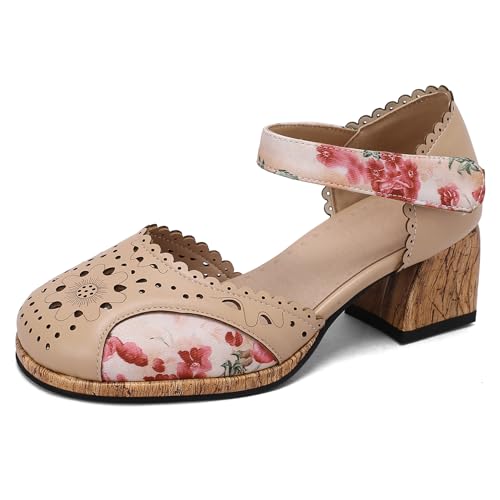 Renessmi Klassische Runde Zehen Knöchelriemchen Mitte Blockabsatz Damensandalen Plateau Komfort Girl Sommer Kleid Pumps Footwear Aprikose Gr 45 EU-47 Cn von Renessmi