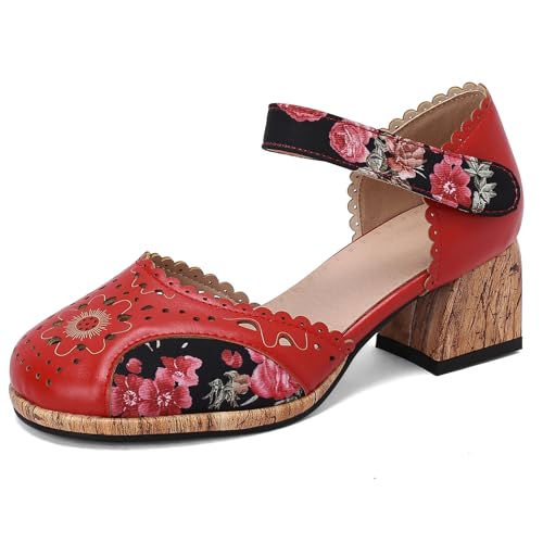 Renessmi Klassische Runde Zehen Knöchelriemchen Mitte Blockabsatz Damensandalen Plateau Komfort Girl Sommer Kleid Pumps Footwear Rot Gr 45 EU-47 Cn von Renessmi