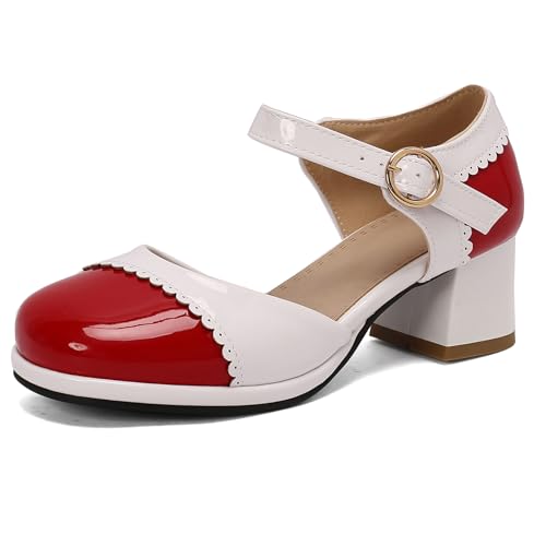 Renessmi Klassische Runde Zehen Knöchelriemchen Mitte Blockabsatz Damensandalen Plateau Komfort Girl Sommer Kleid Pumps Footwear Rot Gr 46 EU-48 Cn von Renessmi