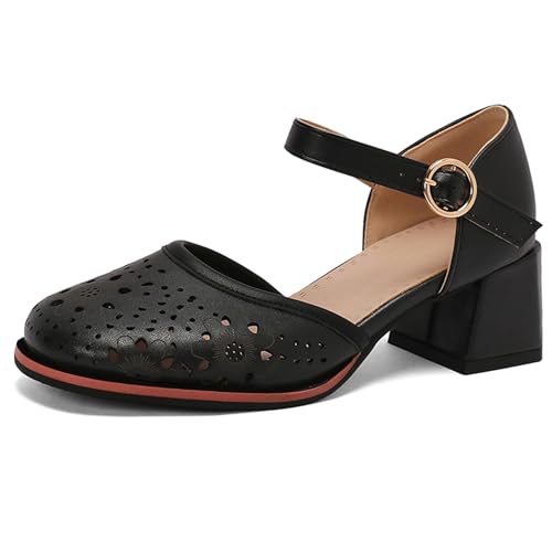 Renessmi Klassische Runde Zehen Knöchelriemchen Mitte Blockabsatz Damensandalen Plateau Komfort Girl Sommer Kleid Pumps Footwear Schwarz Gr 46 EU-48 Cn von Renessmi