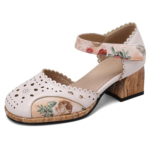 Renessmi Klassische Runde Zehen Knöchelriemchen Mitte Blockabsatz Damensandalen Plateau Komfort Girl Sommer Kleid Pumps Footwear Weiß Gr 40.5 EU-42 Cn von Renessmi