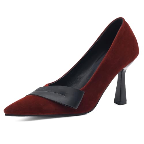Renessmi Klassische Stiletto Pointed Toe Ohne Verschluss Damen Schuhe Chinese Retro Style Schnalle Concise Wildleder Bestickt Footwear Rot Gr 40.5 EU-42 Cn von Renessmi