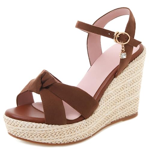 Renessmi Klassische Wildleder Keilabsatz Plateau Schnalle Damensandalen Slingback Offene Zeh Concise Espadrille Knöchelriemchen Footwear Braun Gr 40.5 EU-42 Cn von Renessmi