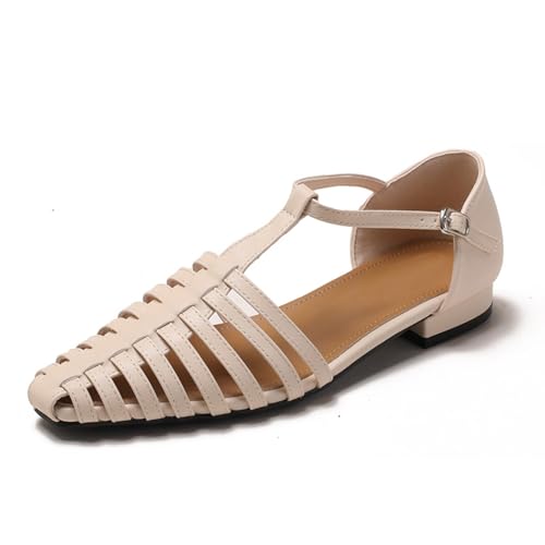 Renessmi Komfort Flach Schuhe Braid Strappy Damen Gladiator Sandals Little Square Toe Schnalle Leisure Sommer Strand Footwear Beige Gr 36.5 EU-37 Cn von Renessmi