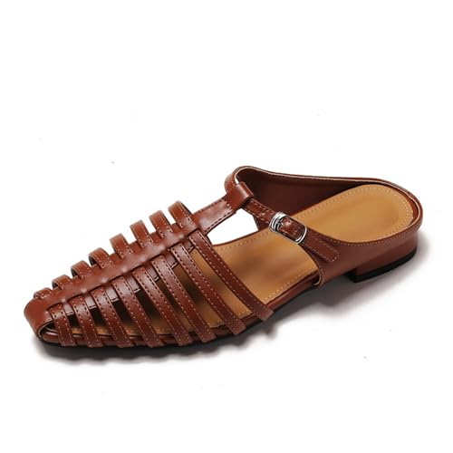 Renessmi Komfort Flach Schuhe Braid Strappy Damen Gladiator Sandals Little Square Toe Schnalle Leisure Sommer Strand Footwear Braun Gr 40 EU-41 Cn von Renessmi