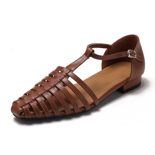 Renessmi Komfort Flach Schuhe Braid Strappy Damen Gladiator Sandals Little Square Toe Schnalle Leisure Sommer Strand Footwear Braun Gr 41 EU-43 Cn von Renessmi