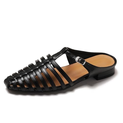 Renessmi Komfort Flach Schuhe Braid Strappy Damen Gladiator Sandals Little Square Toe Schnalle Leisure Sommer Strand Footwear Schwarz Gr 35 EU von Renessmi