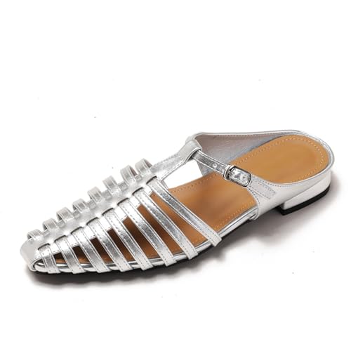 Renessmi Komfort Flach Schuhe Braid Strappy Damen Gladiator Sandals Little Square Toe Schnalle Leisure Sommer Strand Footwear Silber Gr 40.5 EU-42 Cn von Renessmi