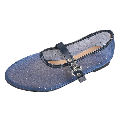 Renessmi Komfort Flach Schuhe Mesh Atmungsaktiv Runde Zehen Damensandalen Mode Sommer Mary Jane Strand Fishnet Footwear Blau-Glitzersteine Gr 41 EU-43 Cn von Renessmi