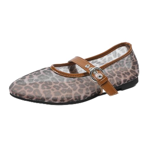 Renessmi Komfort Flach Schuhe Mesh Atmungsaktiv Runde Zehen Damensandalen Mode Sommer Mary Jane Strand Fishnet Footwear Dage-Leopard Gr 36.5 EU-37 Cn von Renessmi