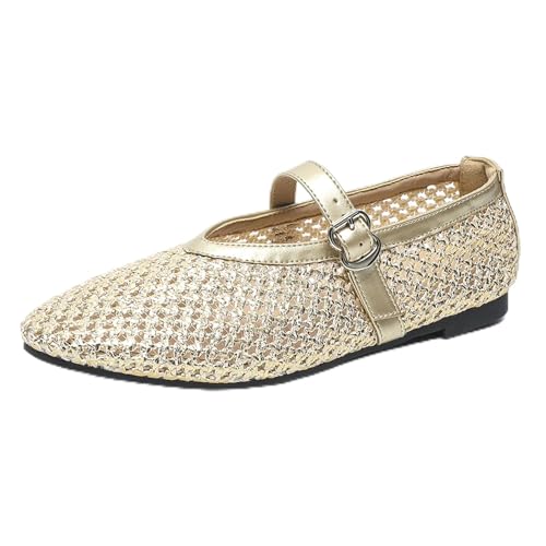 Renessmi Komfort Flach Schuhe Mesh Atmungsaktiv Runde Zehen Damensandalen Mode Sommer Mary Jane Strand Fishnet Footwear Gold Gr 40.5 EU-42 Cn von Renessmi