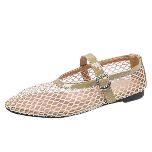 Renessmi Komfort Flach Schuhe Mesh Atmungsaktiv Runde Zehen Damensandalen Mode Sommer Mary Jane Strand Fishnet Footwear Khaki Gr 36.5 EU-37 Cn von Renessmi