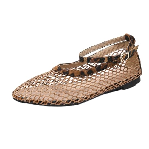 Renessmi Komfort Flach Schuhe Mesh Atmungsaktiv Runde Zehen Damensandalen Mode Sommer Mary Jane Strand Fishnet Footwear Leopard Gr 40 EU-41 Cn von Renessmi