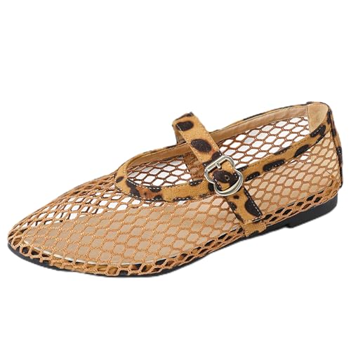 Renessmi Komfort Flach Schuhe Mesh Atmungsaktiv Runde Zehen Damensandalen Mode Sommer Mary Jane Strand Fishnet Footwear Leopard Gr 40.5 EU-42 Cn von Renessmi
