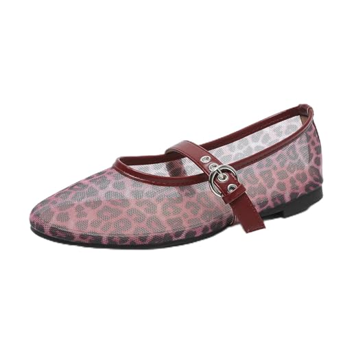 Renessmi Komfort Flach Schuhe Mesh Atmungsaktiv Runde Zehen Damensandalen Mode Sommer Mary Jane Strand Fishnet Footwear Rotwein-Leopard Gr 40 EU-41 Cn von Renessmi