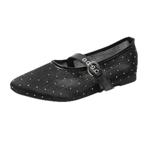 Renessmi Komfort Flach Schuhe Mesh Atmungsaktiv Runde Zehen Damensandalen Mode Sommer Mary Jane Strand Fishnet Footwear Schwarz-Glitzersteine Gr 37 EU-38 Cn von Renessmi