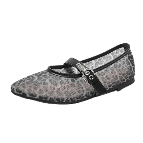 Renessmi Komfort Flach Schuhe Mesh Atmungsaktiv Runde Zehen Damensandalen Mode Sommer Mary Jane Strand Fishnet Footwear Schwarz-Leopard Gr 39 EU-40 Cn von Renessmi
