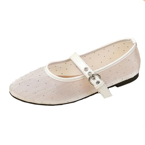 Renessmi Komfort Flach Schuhe Mesh Atmungsaktiv Runde Zehen Damensandalen Mode Sommer Mary Jane Strand Fishnet Footwear Weiß-Glitzersteine Gr 38 EU-39 Cn von Renessmi