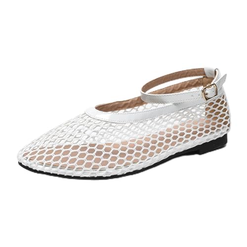 Renessmi Komfort Flach Schuhe Mesh Atmungsaktiv Runde Zehen Damensandalen Mode Sommer Mary Jane Strand Fishnet Footwear Weiß Gr 40.5 EU-42 Cn von Renessmi