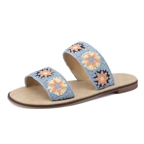 Renessmi Komfort Flach Schuhe Runde Zehen Bestickt Damen Pantoffeln Offene Zeh Strappy Slingback Ohne Verschluss Draußen Mules Footwear Blau Gr 41 EU-43 Cn von Renessmi