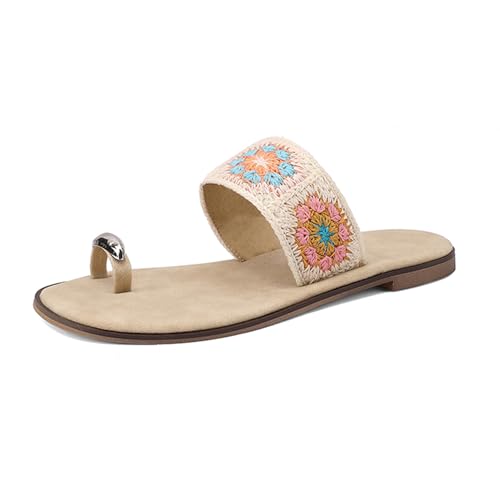 Renessmi Komfort Flach Schuhe Runde Zehen Bestickt Damen Pantoffeln Offene Zeh Strappy Slingback Ohne Verschluss Draußen Mules Footwear Pink Gr 35 EU von Renessmi