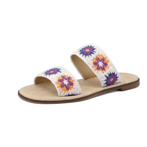 Renessmi Komfort Flach Schuhe Runde Zehen Bestickt Damen Pantoffeln Offene Zeh Strappy Slingback Ohne Verschluss Draußen Mules Footwear Violett Gr 37 EU-38 Cn von Renessmi