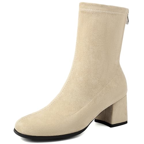 Renessmi Komfort Mitte Absatz Square Toe Damen Ankle Stretch Stiefel Solid Color Wildleder Ohne Verschluss Back Reißverschluss Kleid Stiefeletten Footwear Aprikose Gr 43 EU-45 Cn von Renessmi