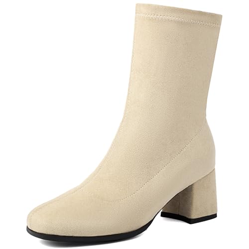 Renessmi Komfort Mitte Absatz Square Toe Damen Ankle Stretch Stiefel Solid Color Wildleder Ohne Verschluss Back Reißverschluss Kleid Stiefeletten Footwear Aprikose Gr 46 EU-48 Cn von Renessmi