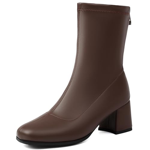 Renessmi Komfort Mitte Absatz Square Toe Damen Ankle Stretch Stiefel Solid Color Wildleder Ohne Verschluss Back Reißverschluss Kleid Stiefeletten Footwear Braun Gr 34 EU von Renessmi