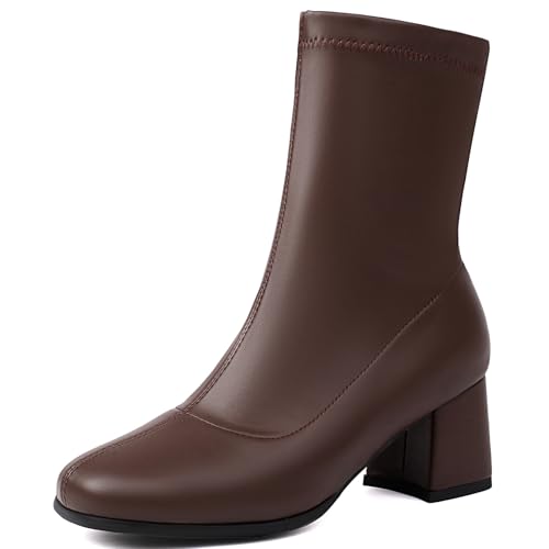 Renessmi Komfort Mitte Absatz Square Toe Damen Ankle Stretch Stiefel Solid Color Wildleder Ohne Verschluss Back Reißverschluss Kleid Stiefeletten Footwear Braun Gr 35 EU von Renessmi