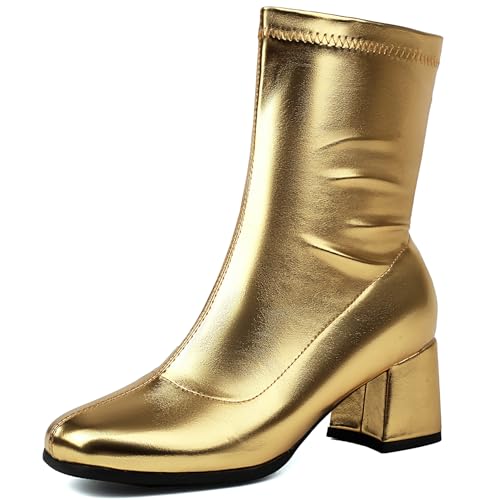 Renessmi Komfort Mitte Absatz Square Toe Damen Ankle Stretch Stiefel Solid Color Wildleder Ohne Verschluss Back Reißverschluss Kleid Stiefeletten Footwear Gold Gr 40 EU-41 Cn von Renessmi