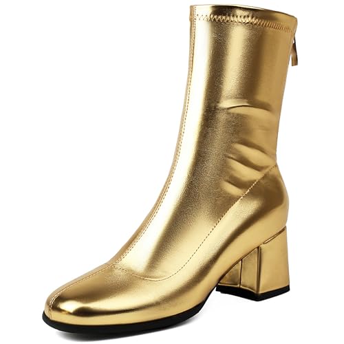 Renessmi Komfort Mitte Absatz Square Toe Damen Ankle Stretch Stiefel Solid Color Wildleder Ohne Verschluss Back Reißverschluss Kleid Stiefeletten Footwear Gold Gr 45 EU-47 Cn von Renessmi
