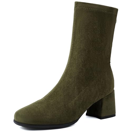 Renessmi Komfort Mitte Absatz Square Toe Damen Ankle Stretch Stiefel Solid Color Wildleder Ohne Verschluss Back Reißverschluss Kleid Stiefeletten Footwear Grün Gr 35 EU von Renessmi