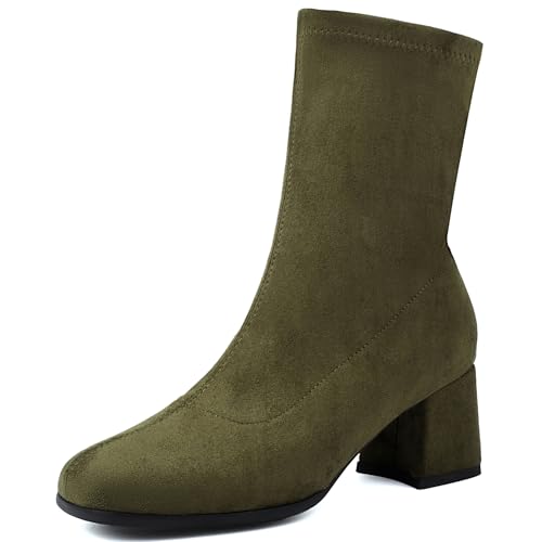 Renessmi Komfort Mitte Absatz Square Toe Damen Ankle Stretch Stiefel Solid Color Wildleder Ohne Verschluss Back Reißverschluss Kleid Stiefeletten Footwear Grün Gr 41 EU-43 Cn von Renessmi