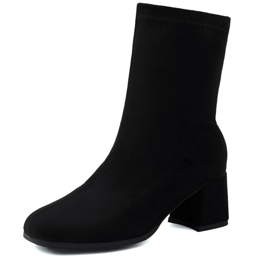 Renessmi Komfort Mitte Absatz Square Toe Damen Ankle Stretch Stiefel Solid Color Wildleder Ohne Verschluss Back Reißverschluss Kleid Stiefeletten Footwear Schwarz Gr 35 EU von Renessmi