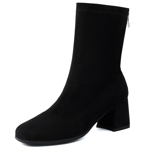 Renessmi Komfort Mitte Absatz Square Toe Damen Ankle Stretch Stiefel Solid Color Wildleder Ohne Verschluss Back Reißverschluss Kleid Stiefeletten Footwear Schwarz Gr 37 EU-38 Cn von Renessmi