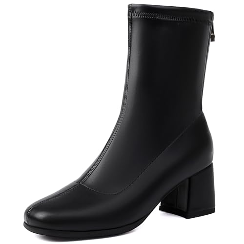 Renessmi Komfort Mitte Absatz Square Toe Damen Ankle Stretch Stiefel Solid Color Wildleder Ohne Verschluss Back Reißverschluss Kleid Stiefeletten Footwear Schwarz Gr 39 EU-40 Cn von Renessmi
