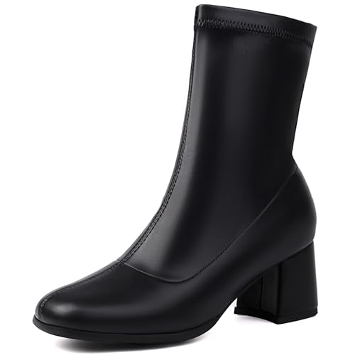 Renessmi Komfort Mitte Absatz Square Toe Damen Ankle Stretch Stiefel Solid Color Wildleder Ohne Verschluss Back Reißverschluss Kleid Stiefeletten Footwear Schwarz Gr 46 EU-48 Cn von Renessmi