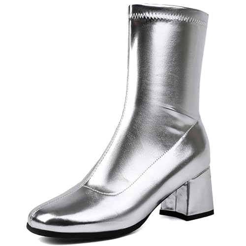 Renessmi Komfort Mitte Absatz Square Toe Damen Ankle Stretch Stiefel Solid Color Wildleder Ohne Verschluss Back Reißverschluss Kleid Stiefeletten Footwear Silber Gr 40.5 EU-42 Cn von Renessmi