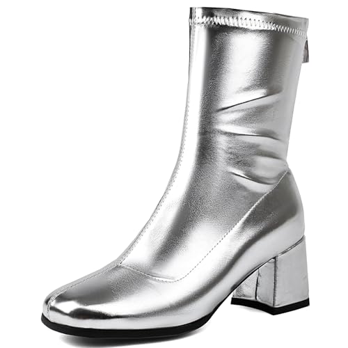 Renessmi Komfort Mitte Absatz Square Toe Damen Ankle Stretch Stiefel Solid Color Wildleder Ohne Verschluss Back Reißverschluss Kleid Stiefeletten Footwear Silber Gr 46 EU-48 Cn von Renessmi