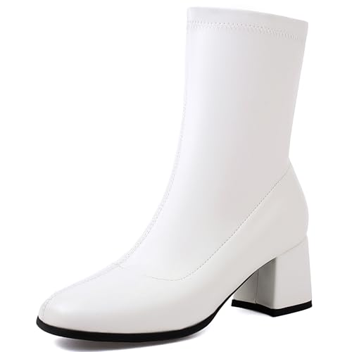Renessmi Komfort Mitte Absatz Square Toe Damen Ankle Stretch Stiefel Solid Color Wildleder Ohne Verschluss Back Reißverschluss Kleid Stiefeletten Footwear Weiß Gr 42 EU-44 Cn von Renessmi