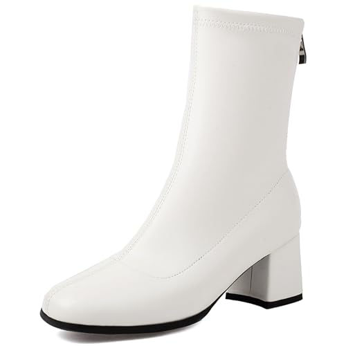 Renessmi Komfort Mitte Absatz Square Toe Damen Ankle Stretch Stiefel Solid Color Wildleder Ohne Verschluss Back Reißverschluss Kleid Stiefeletten Footwear Weiß Gr 42 EU-44 Cn von Renessmi