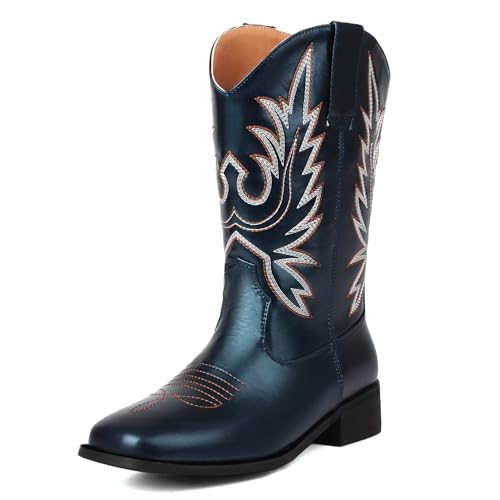 Renessmi Komfort Mitte Absatz Square Toe Damen Hohe Stiefel Weit Fit Ohne Verschluss Bestickt Weit Calf Cowboystiefel Footwear Blau Gr 38 EU-39 Cn von Renessmi
