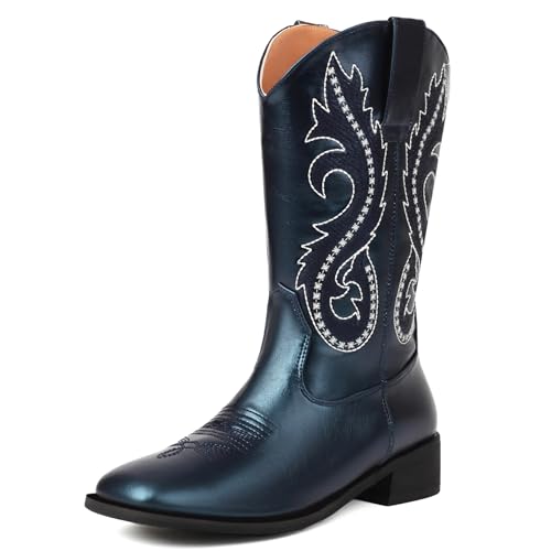 Renessmi Komfort Mitte Absatz Square Toe Damen Hohe Stiefel Weit Fit Ohne Verschluss Bestickt Weit Calf Cowboystiefel Footwear Blau Gr 38 EU-39 Cn von Renessmi