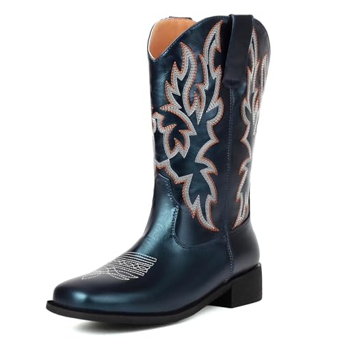 Renessmi Komfort Mitte Absatz Square Toe Damen Hohe Stiefel Weit Fit Ohne Verschluss Bestickt Weit Calf Cowboystiefel Footwear Blau Gr 40 EU-41 Cn von Renessmi
